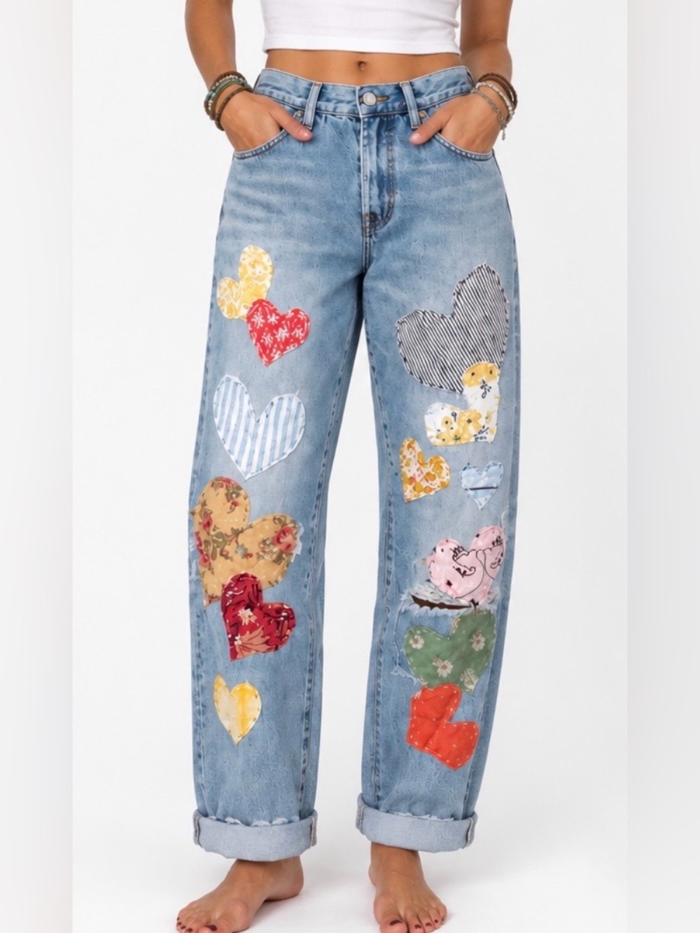 Upcycled H&M Light Wash Jeans with Multicolor Heart Patches